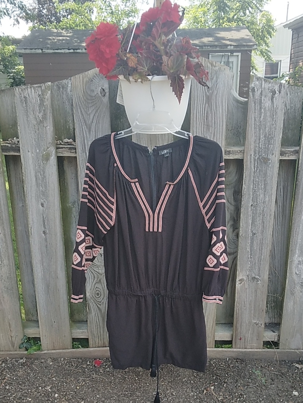 LOFT Black Romper with Rust Geometric Embroidery